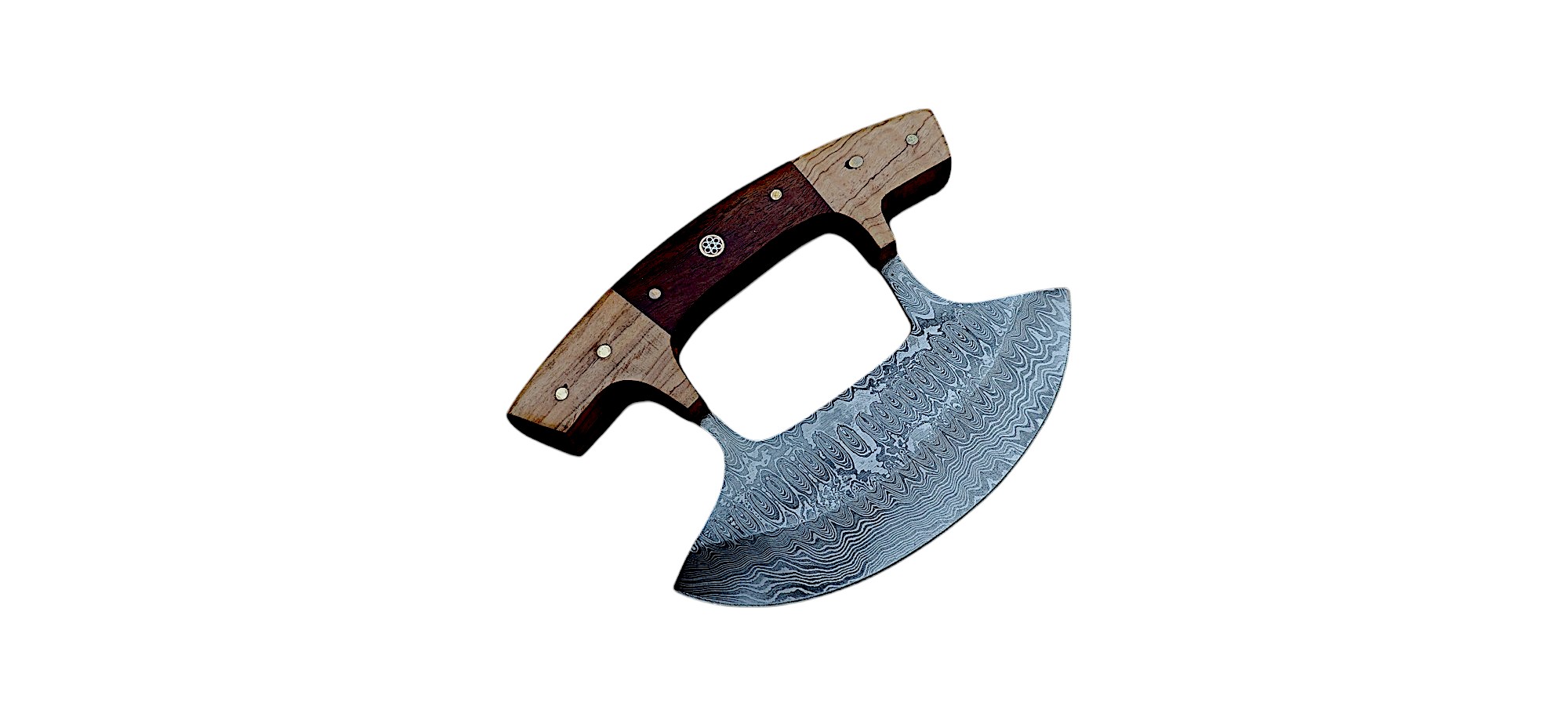 Hand-Forged Damascus Steel Ulu Chef Knife, Wooden Handle - Image 3