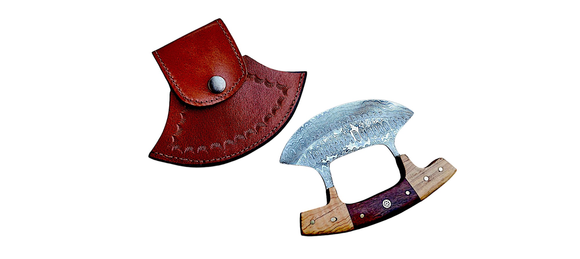 Hand-Forged Damascus Steel Ulu Chef Knife, Wooden Handle - Image 6