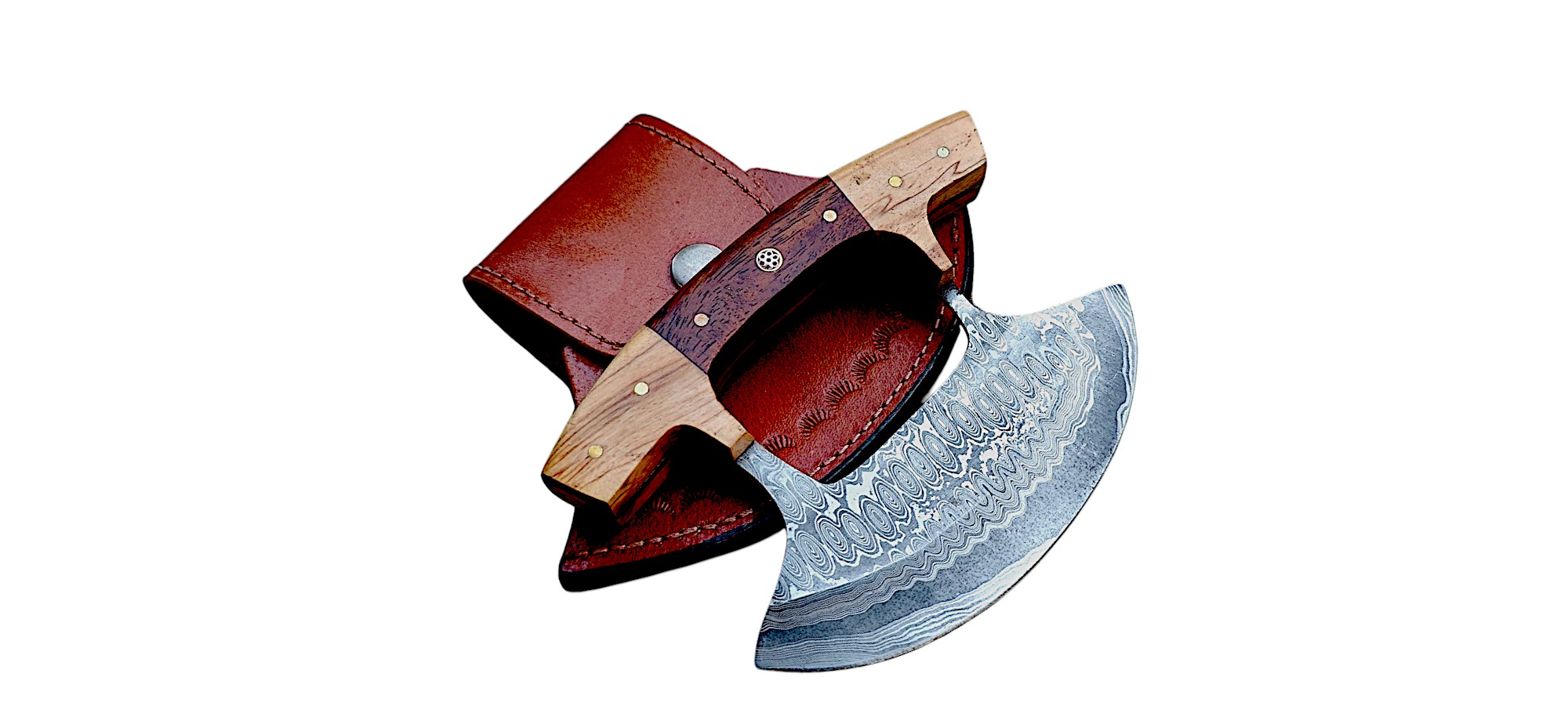 Hand-Forged Damascus Steel Ulu Chef Knife, Wooden Handle