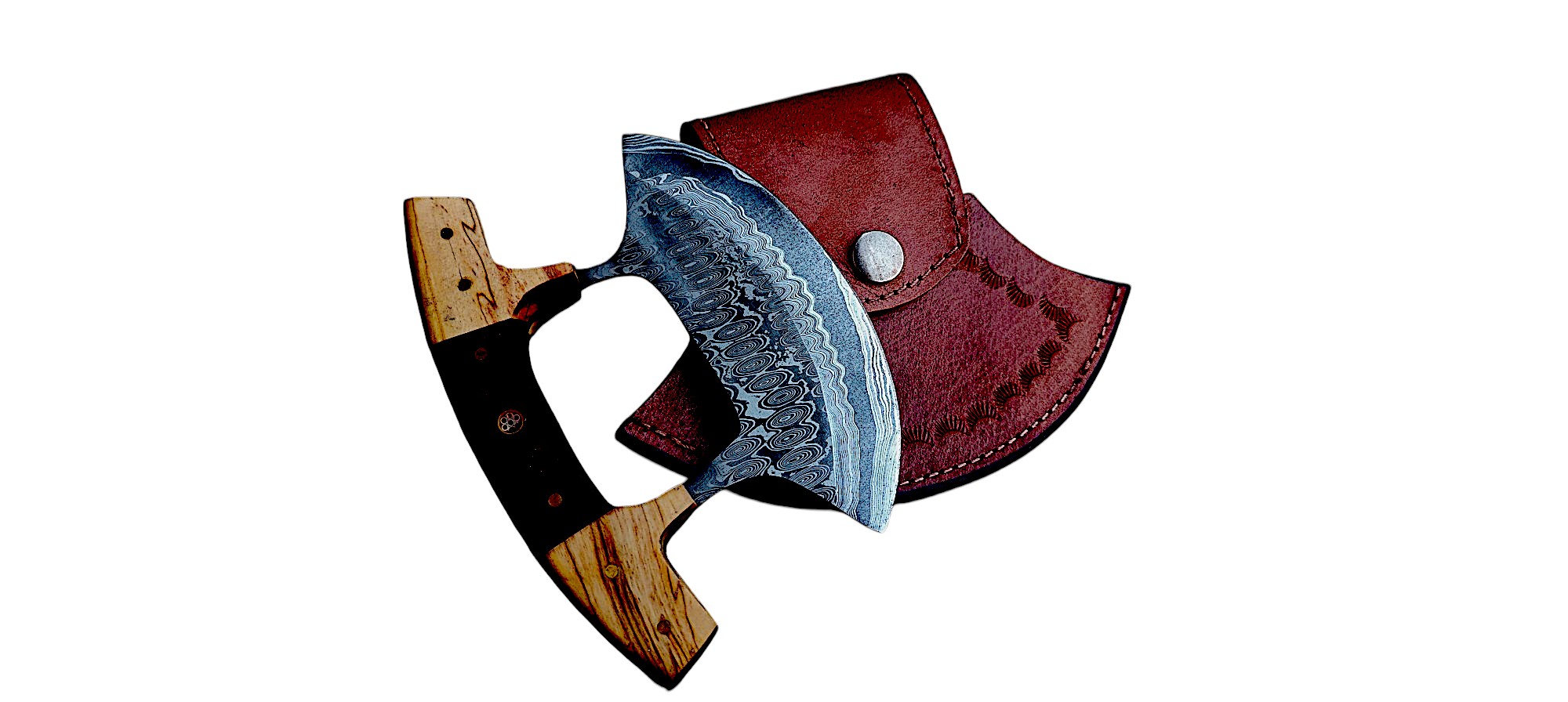 Hand-Forged Damascus Steel Ulu Chef Knife, Wooden Handle - Image 7