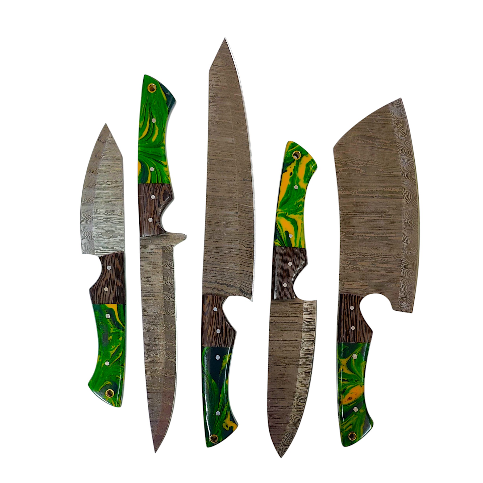 Handmade Damascus Ladder Pattern Chef Set With Wood & Resin Handle (5 Piece)
