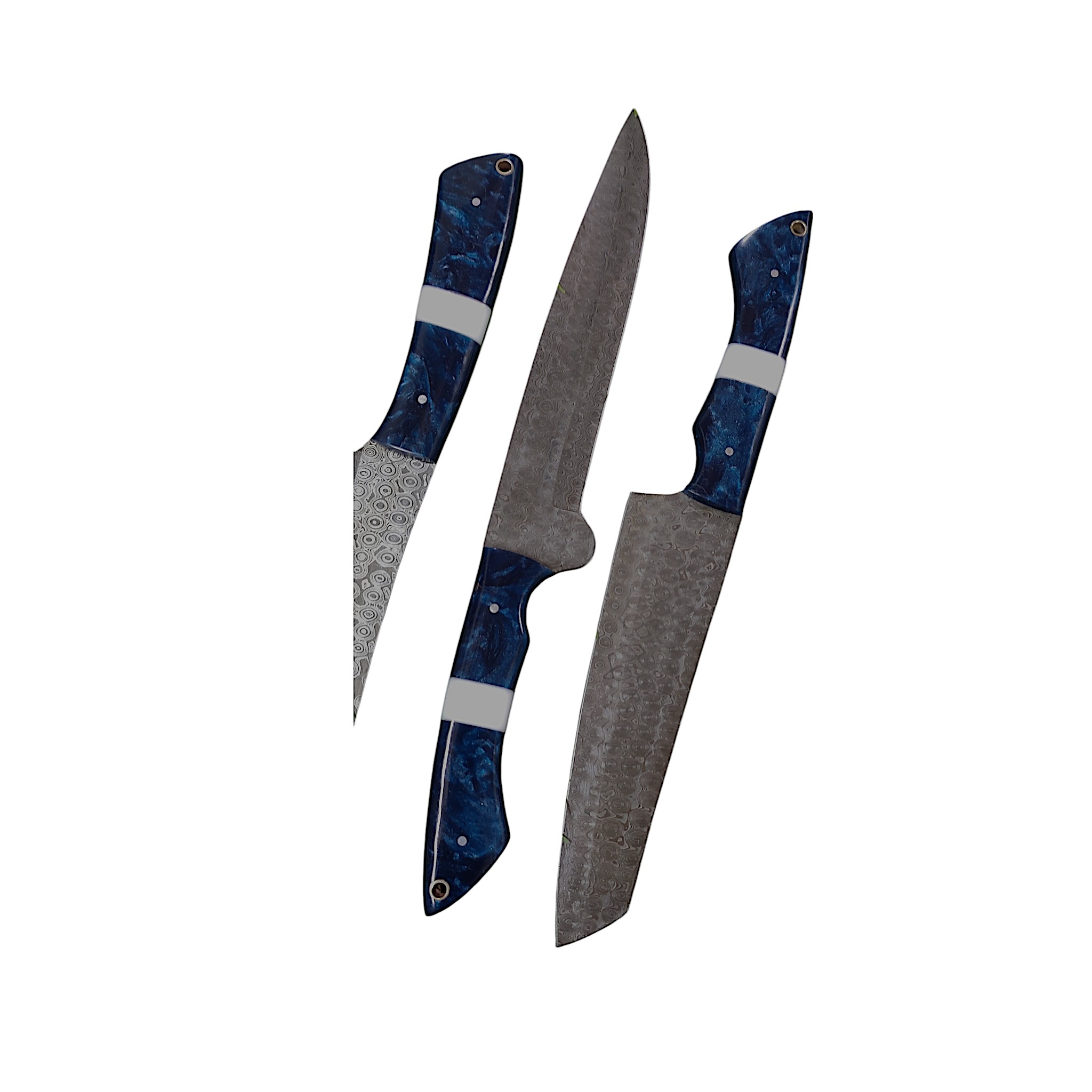 Artisan Blue Swirl Damascus Knife Set Rain Drop Pattern Blades Trio - Image 6