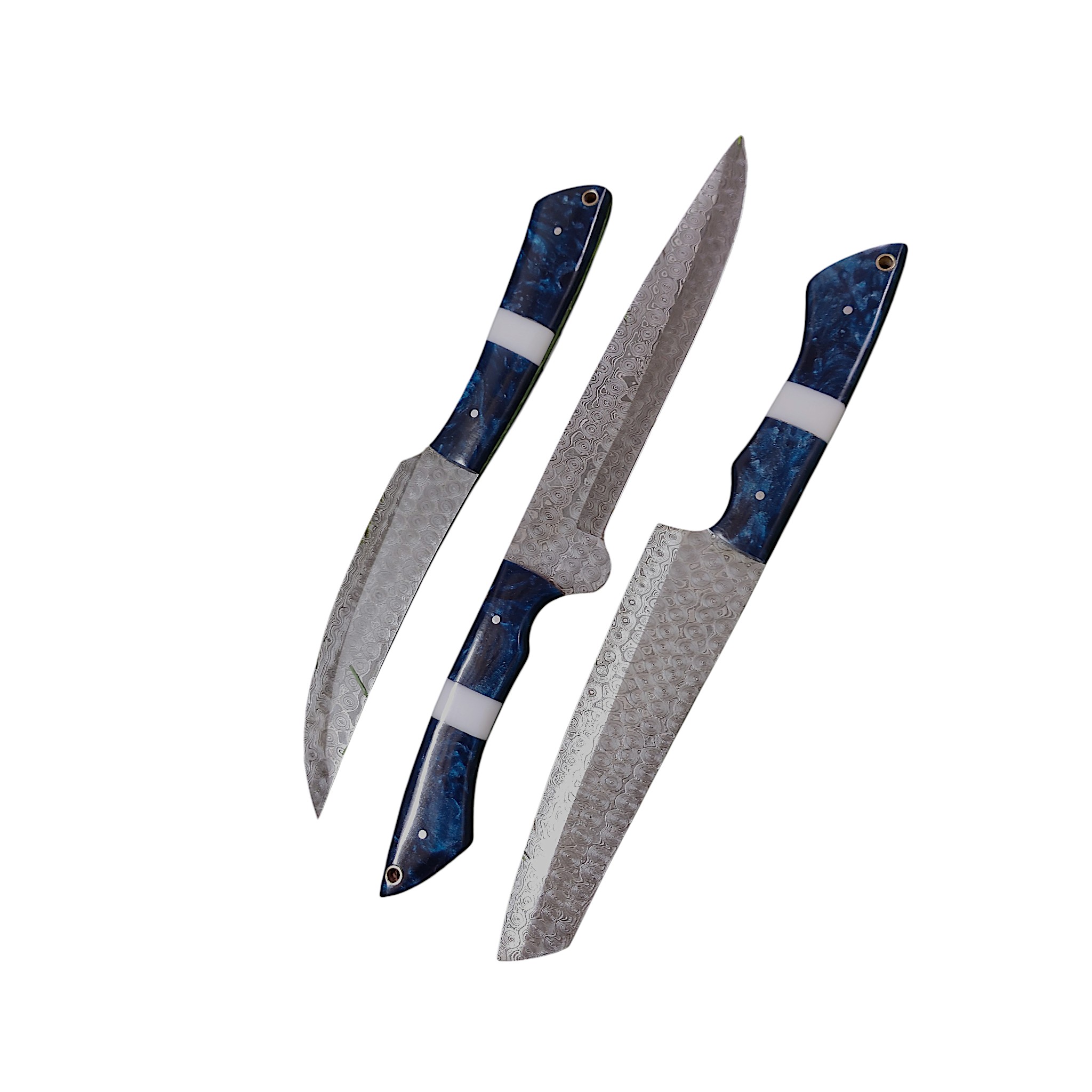 Artisan Blue Swirl Damascus Knife Set Rain Drop Pattern Blades Trio