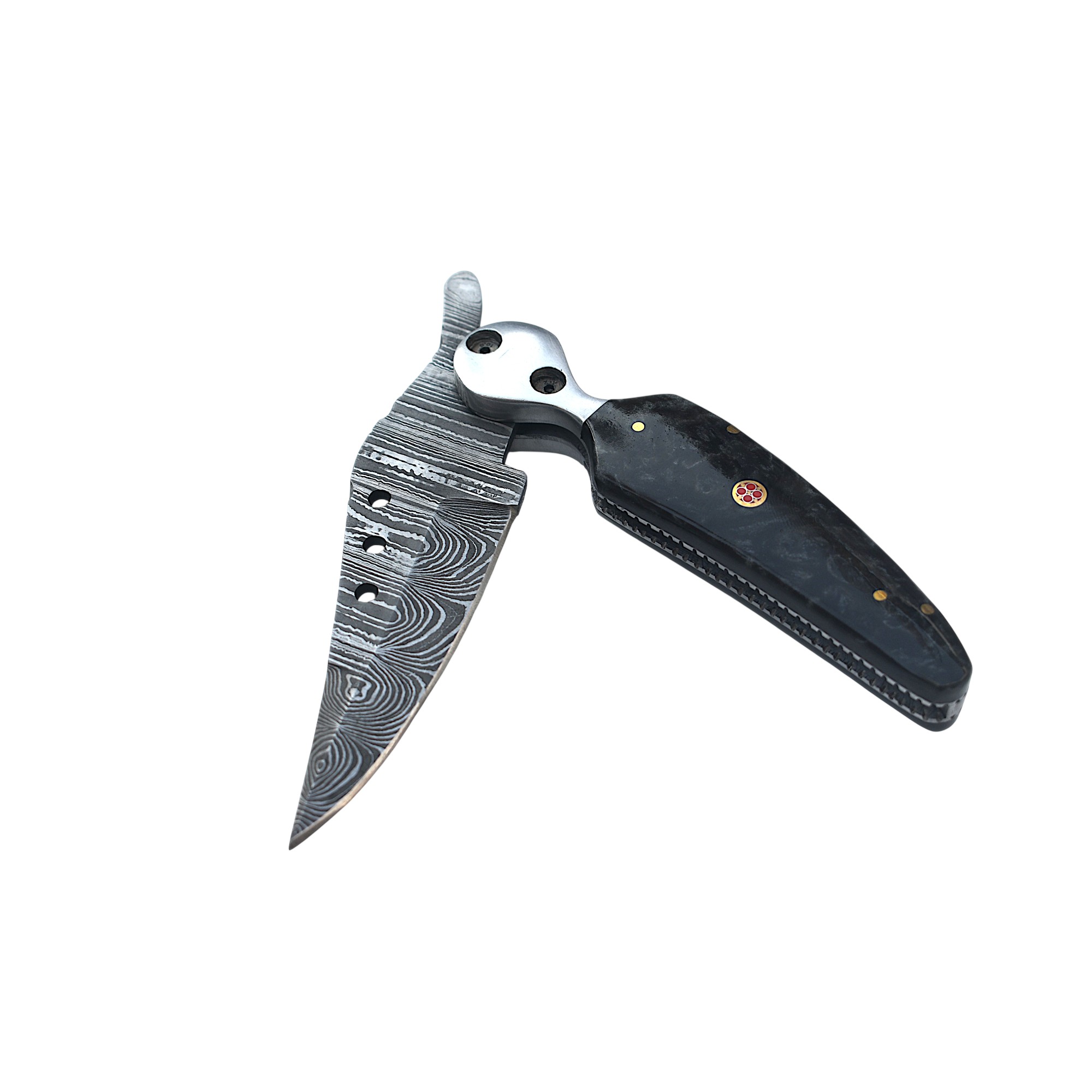 Damascus Resin Handle Folding Knife with Mosaic Pin & Leather Sheath - Image 3