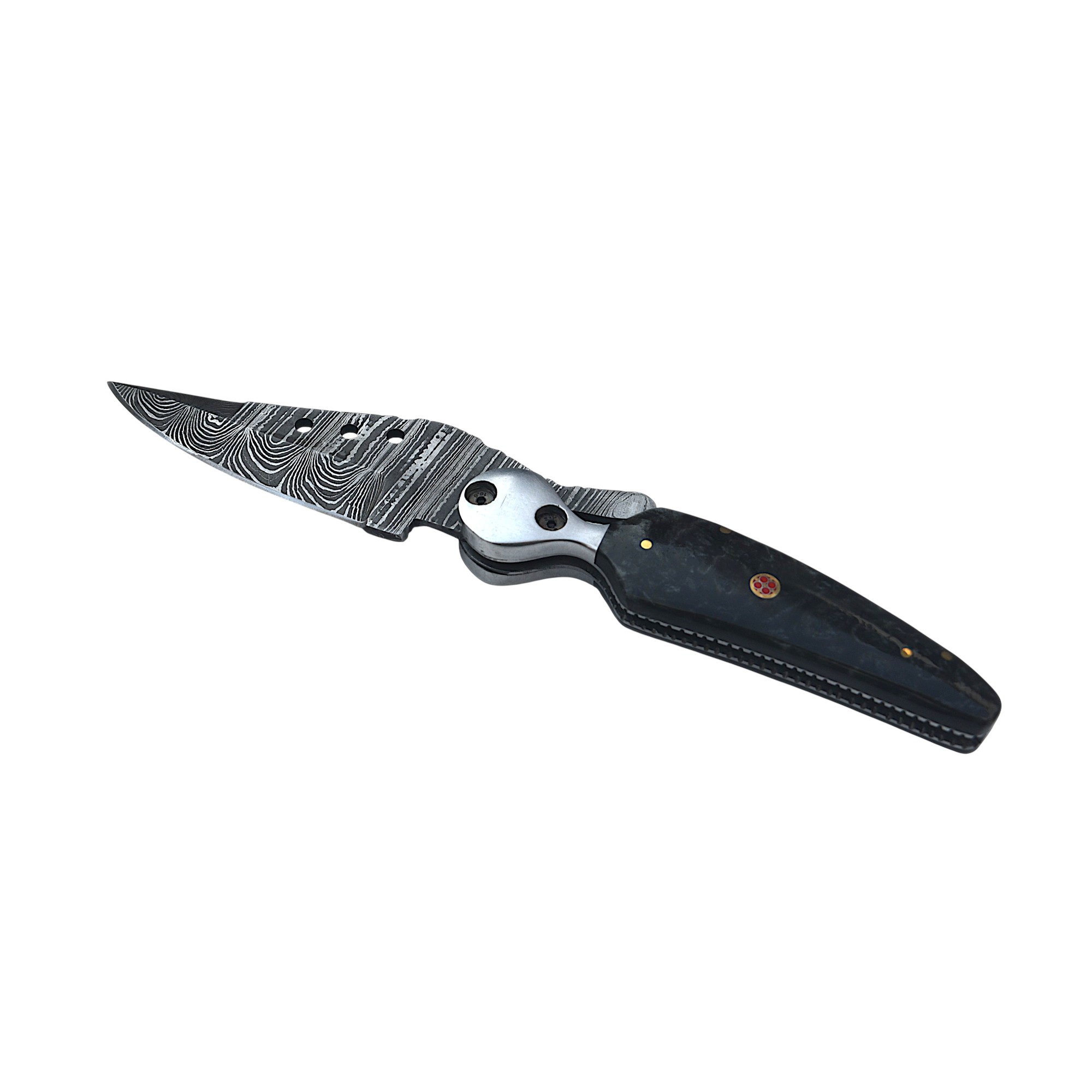 Damascus Resin Handle Folding Knife with Mosaic Pin & Leather Sheath - Image 4