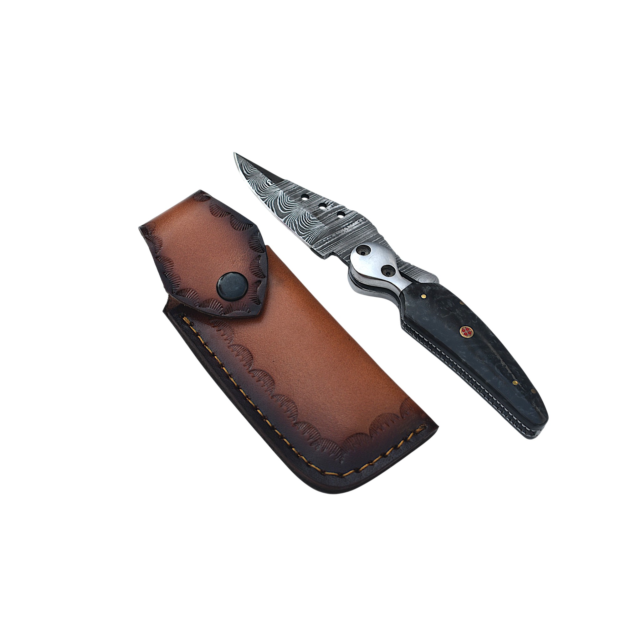 Damascus Resin Handle Folding Knife with Mosaic Pin & Leather Sheath